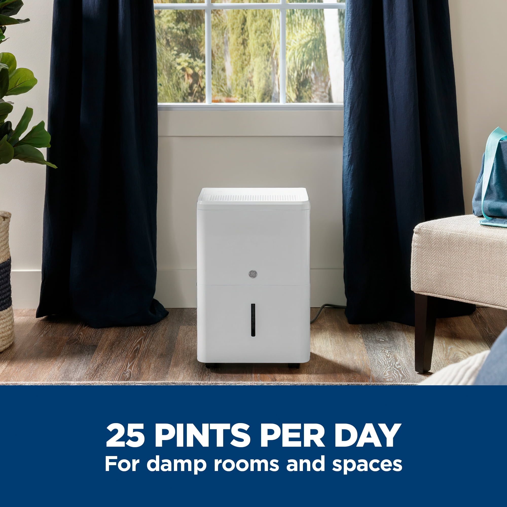 GE® 25 Pint Portable Dehumidifier, Covers up to 400 sq. ft., with Smart Dry for Damp Spaces