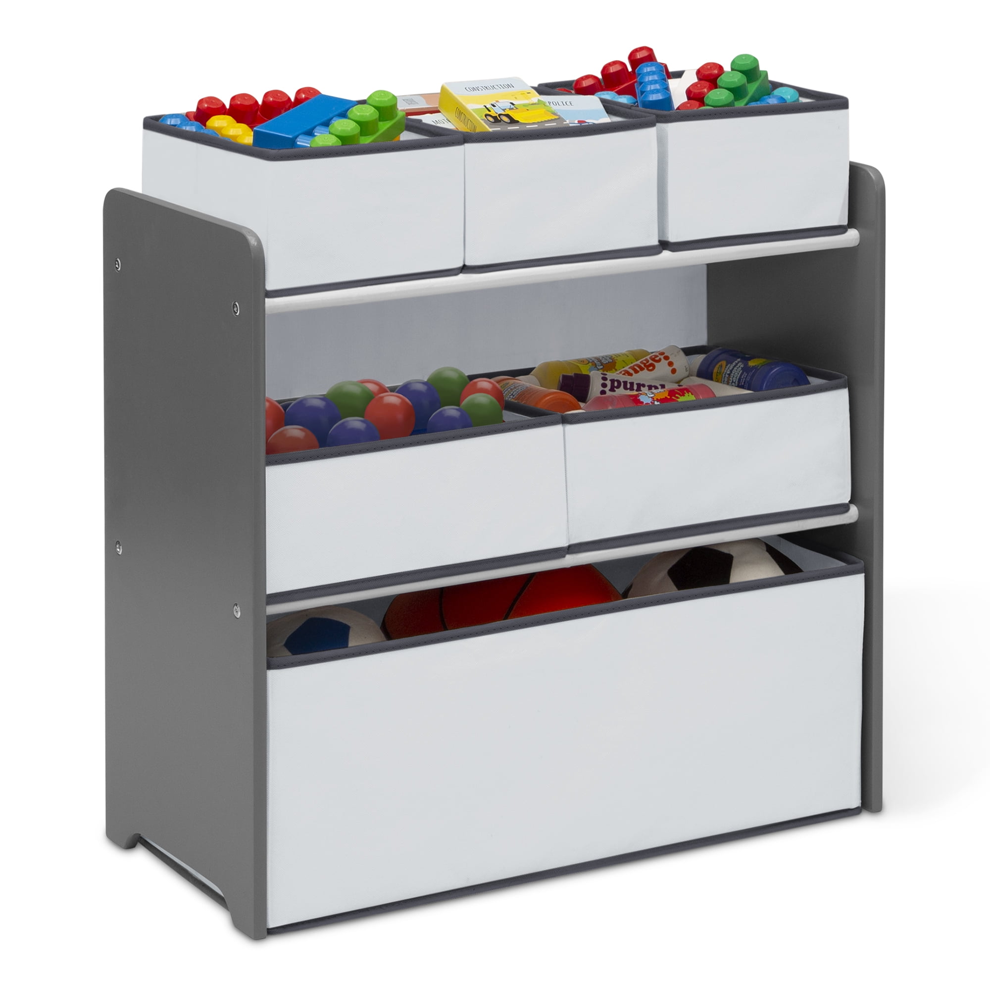 Delta Children 4-Piece Toddler Playroom Set – Includes Play Table with Dry Erase Tabletop and 6 Bin Toy Organizer with Reusable Vinyl Cling Stickers, Grey/White