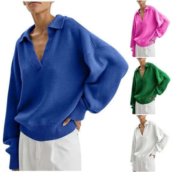 Lovskoo Sweaters for Women Casual Solid Long Sleeve Thick Knit Lapel Collar V-Neck Sweater Tops Blue