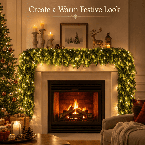 Christmas Norfolk Garland with LED Light Fork Norfolk Natural Garland Artificial Garland for Christmas Table Fireplace Wall Home Decoration, White, Practical Decorative Piece for Home Office Dining