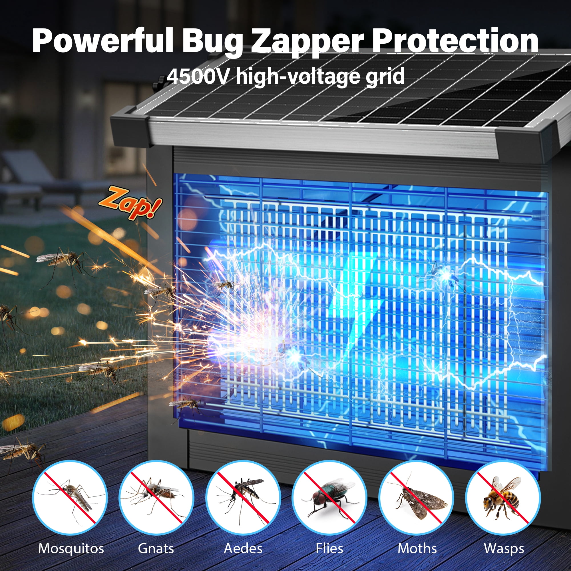 Rossetta Solar Bug Zapper Light, 4500V Waterproof Mosquito Zapper, Dual Power (Solar & USB) for Indoor & Outdoor, Black