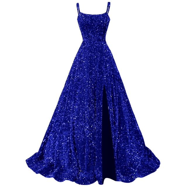 Vestido de fiesta Fu Jiang 2025 con tirantes finos, lentejuelas, azul real