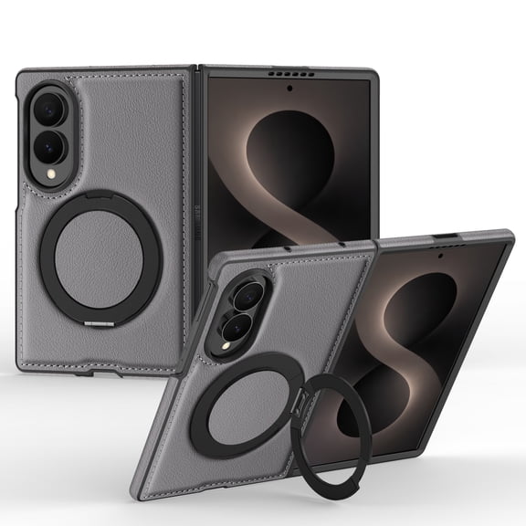 For Samsung Galaxy Z Fold8 Case with Magnetic 360 Rotating Ring Kickstand Holder, Premium PU Leather [Compatible with MagSafe] Shockproof Phone Case For Samsung Galaxy Z Fold8,Gray