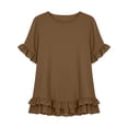 thumbnail image 6 of VBVC Women's Cotton Blend Ruffle Trim Blouse, Ladies' Lightweight Short Sleeve Top, Casual Crew Neck Shirt For Women,Coffee,S-2XL, 6 of 6