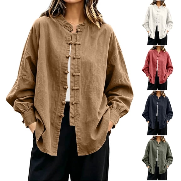 Vetsdori Womens Square Neck Button up Shirts Long Sleeve Cotton Linen Solid Color Casual