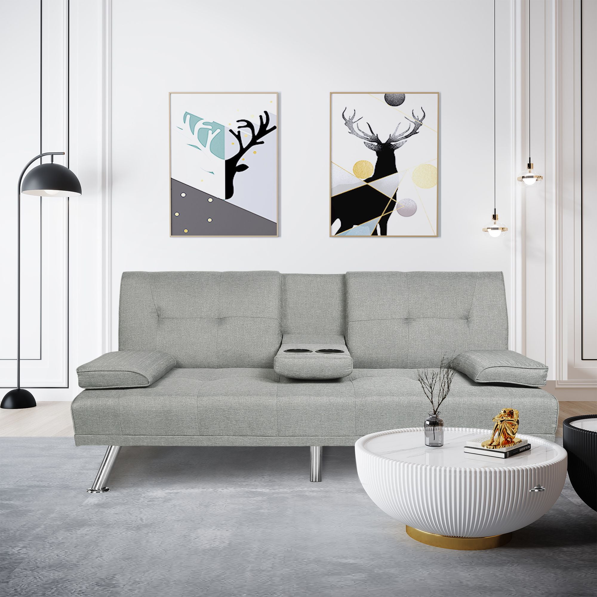 Derzers Linen Convertible Futon Sofa Bed Twin with Adjustable Backrest with Cup Holders, Light Gray