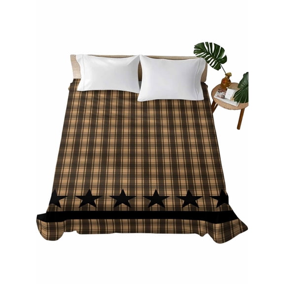 Brown Black Plaid Flat Sheets Only Full Size, Soft Breathable Bed Top Sheets for Mattress, Vintage Rustic Star Buffalo Check Luxury Bedding Flat Sheets for Home Hotel Bedroom Bed Protection