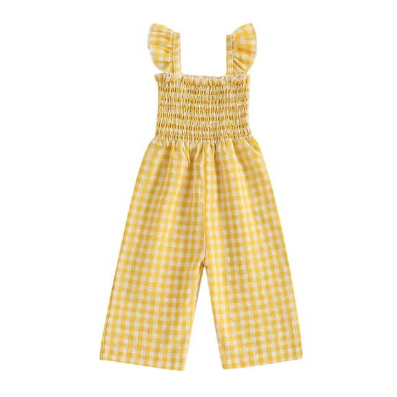 REDARER Toddler Girls Plaid Jumpsuit, Smocked Ruffle Strap Wide Leg Romper for Casual Wear,18-24 Months