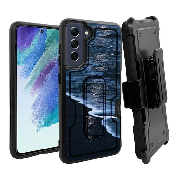 ANJ  Rugged Dual Layer Shockproof Holster Case w/Card Slot   Tempered Glass Cover for Samsung Galaxy S21 FE 5G - Beach at Night