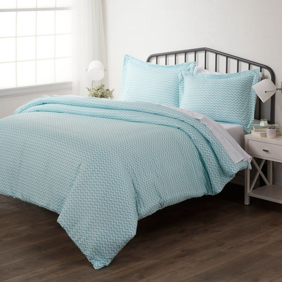 Noble Linens Light Blue Puffed Chevron Print Duvet Set 3-Piece Duvet Cover Set, King/Cal King