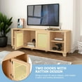 thumbnail image 6 of Highsound Boho Style TV Stand for 65 Inch TV, Entertainment Center with 2 Doors and Shelves, Rattan TV Console Media Console with Cord Holes and Solid Wood Feet for Living Room Bedroom, Oak, 6 of 7