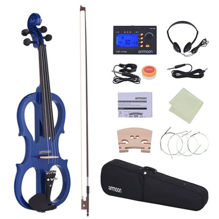 ammoon Full Size 4/4 Solid Wood Electric Silent Violin Fiddle Style-1 Ebony Fingerboard Pegs Chin Rest Tailpiece with Bow Hard Case Tuner Headphones Rosin Extra Strings &
