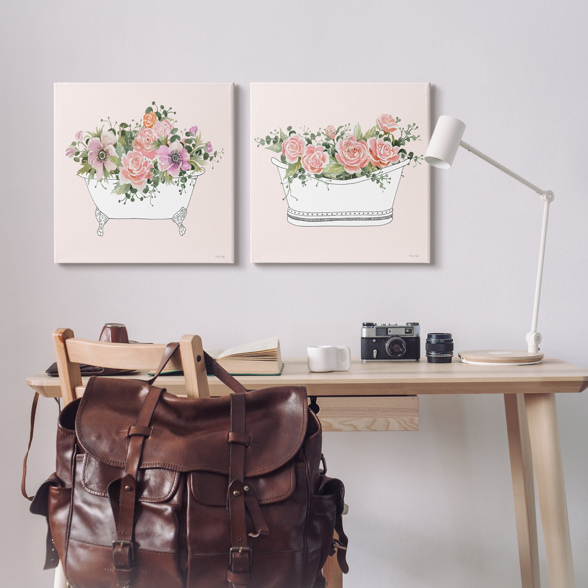 Stupell Industries Pink Floral Rose Blooms Bathtub Bathroom Botanicals Graphic Art Gallery Wrapped Canvas Print Wall Art, Set of 2, Design by Cindy Jacobs