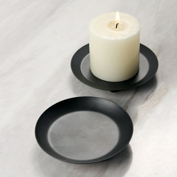 Black Candles Iron Holder Chic Plate Decor Candlestick Metal