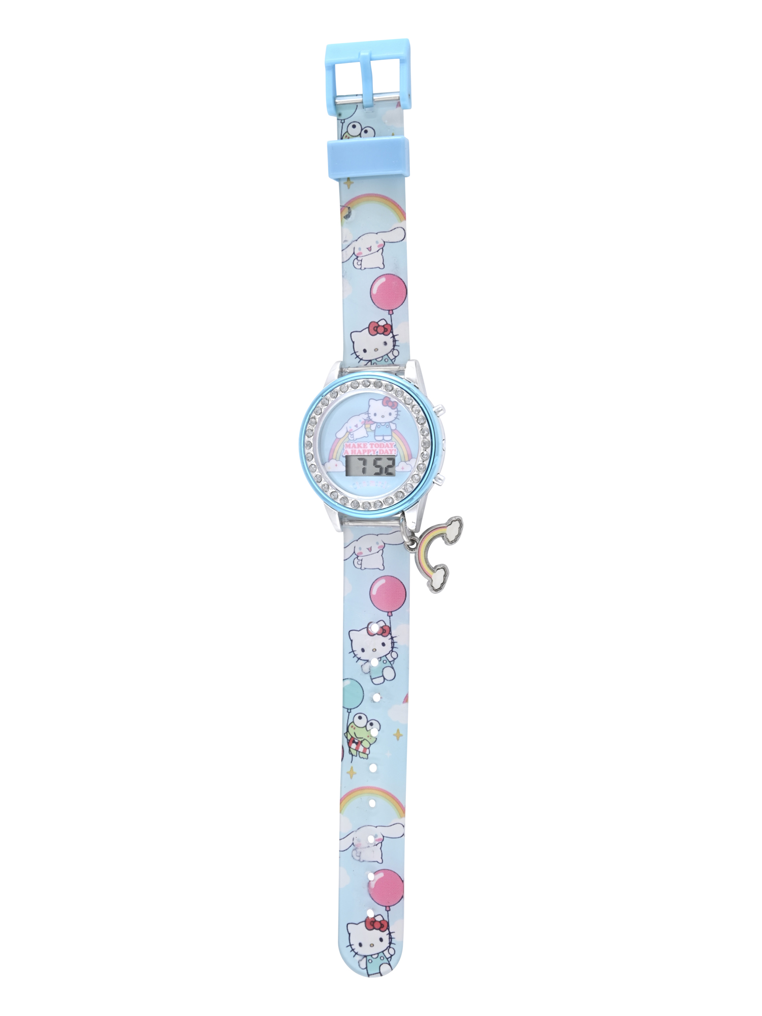 San Rio Hello Kitty and Friends Light Blue Printed Silicone Strap with Metallic Blue Case and Hanging Rainbow Charm; HK4020WM