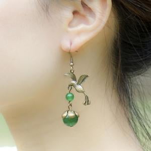 - Fancyleo Bronze Alloy Bird Earrings Green Bead Charm Vintage Ethnic Coins Tassel Drop Earrings Women Jewelry