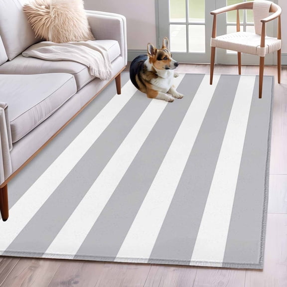 Area Rug for Living Room, Grey Stripe Non-Slip Indoor Large Carpet for Bedroom/Dining Room, Modern Simple Geometric White Striped Washable Low-Profile Rectangle Floor Runner Rugs - 4 x 6 Ft