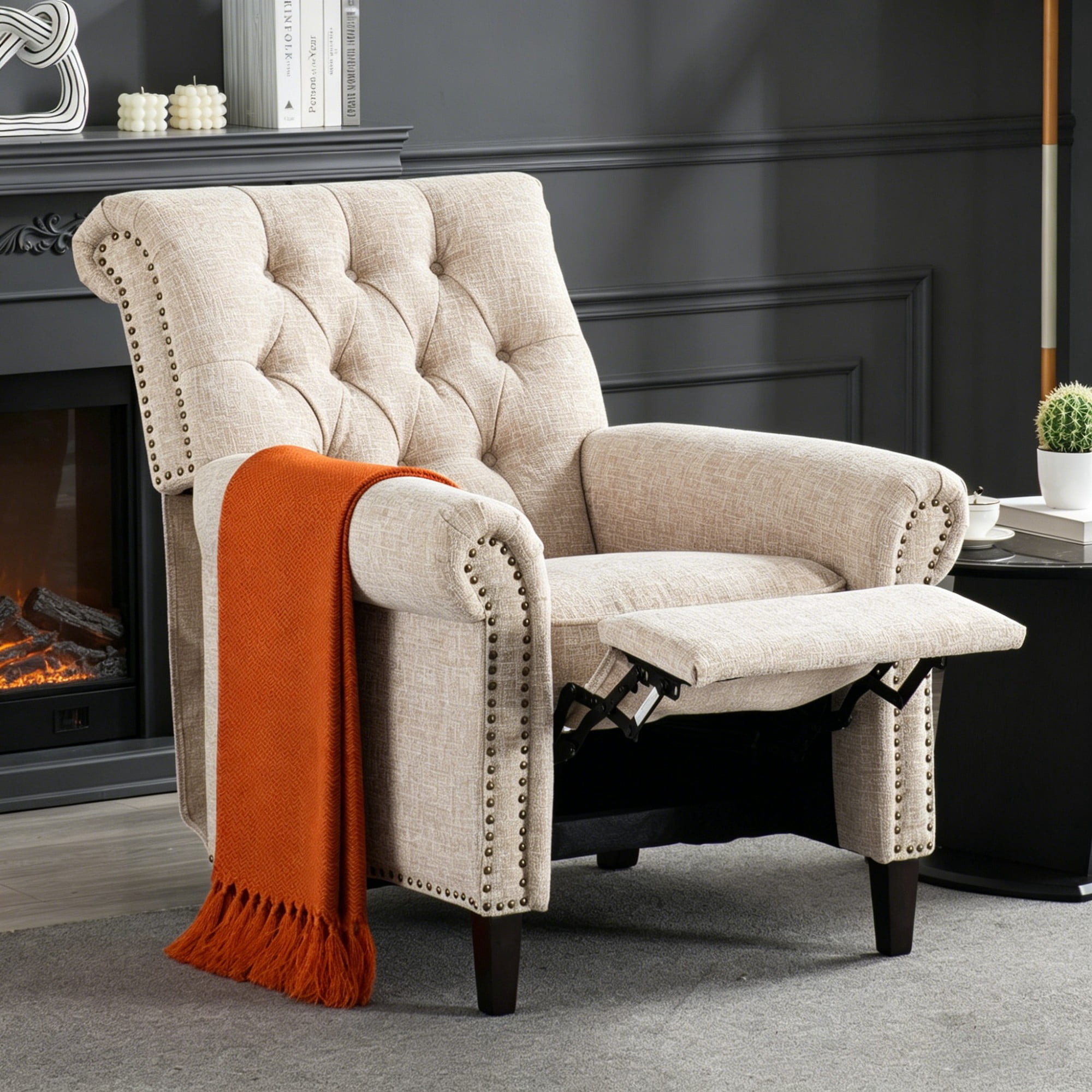 BSHTI Pushback Recliner Chair Linen Upholstered Armchair for Living Room Home Theater, Manual Single Sofa with Nailhead Trim, Rolled Arms, Wood Legs, Adjustable Footrest(Beige)