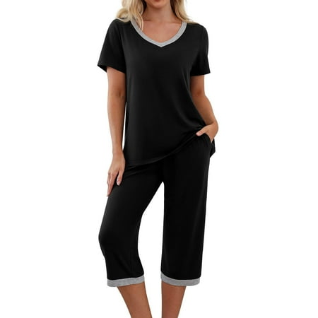 

Womens Pajamas Set Short Sleeve V Neck Top with Capri Pants with Pockets Casual Sleepwear Pjs Loungewear Sets S-XXL