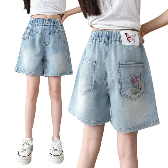 Tween Girls Jean Shorts Floral Embroidery Casual Outfit for Big Kids Teens Summer Denim Shorts with Pockets 4-14 Years