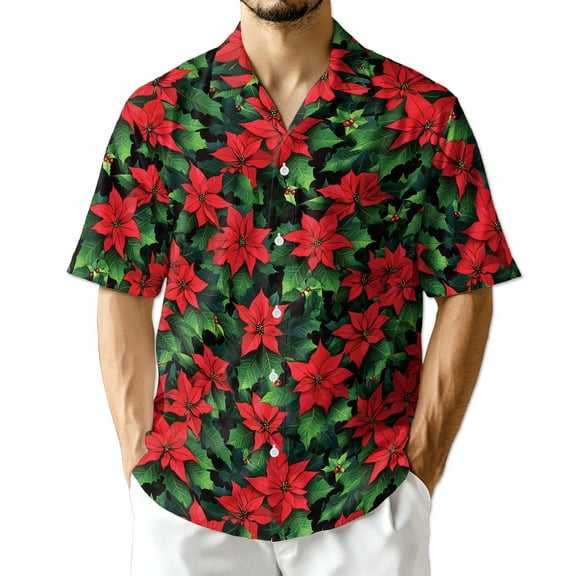 Netecom Poinsettia Pattern Hawaiian Shirt for Men, Button Down Summer Beach Short Sleeve, Tropical Style, Sizes S-5XL