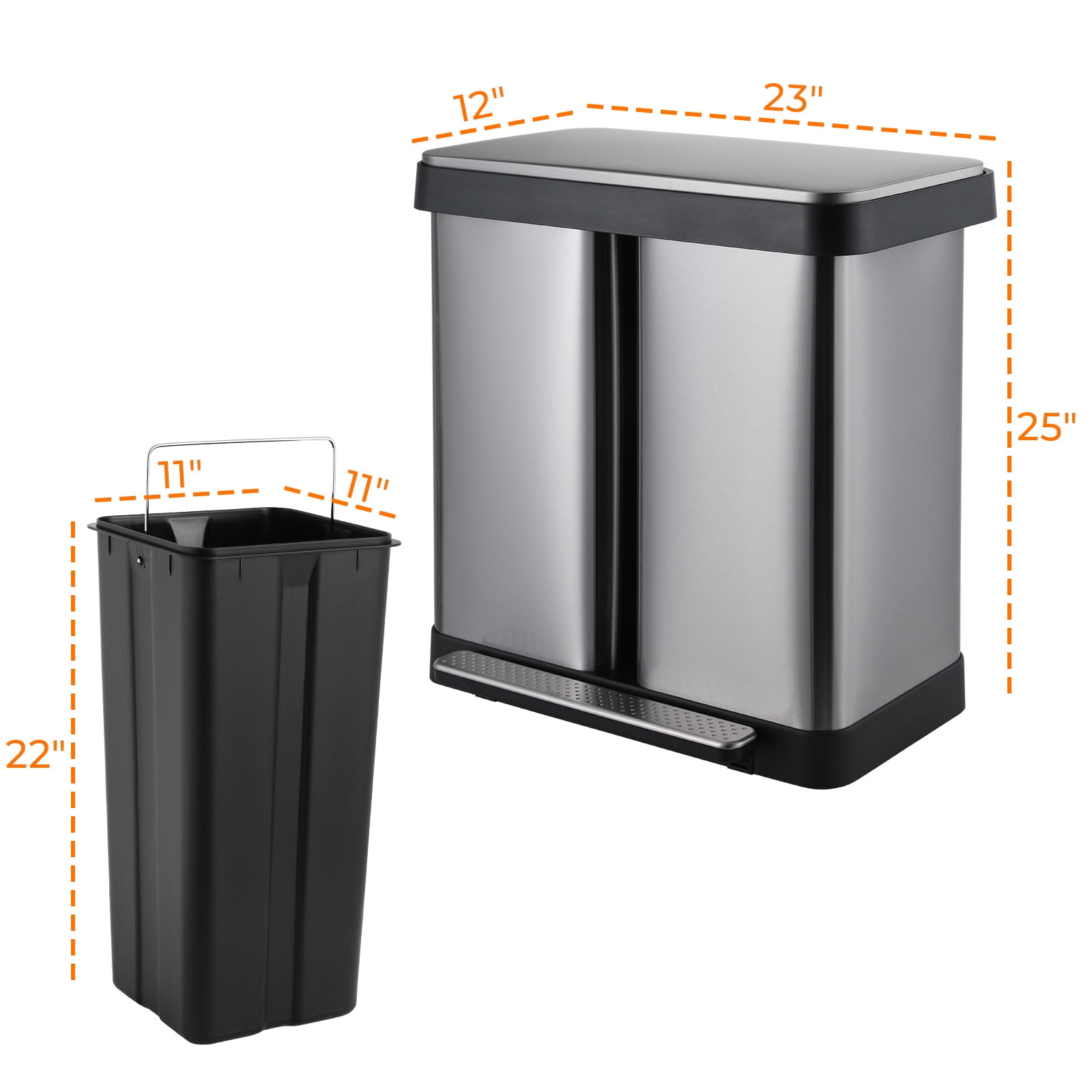 Pirecart 16 Gallon Step Trash Can with Lid Rectangular Stainless Steel Dual Garbage Can, Silver