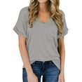 thumbnail image 5 of SHEOWO V-Neck Pocket Hem Slit Women's Plus Size Top V-Neck Short Sleeve Solid T-Shirt, 5 of 8