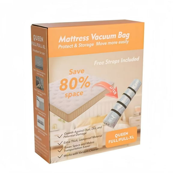 Queen/Full/Full-XL Mattress Vacuum Bag for Moving and Storage, Vacuum Seal Compression Bag for Queen and Full Size Mattresses, Heavy Duty Mattress Bag for Storage, with Sealing Clip and 4 Straps