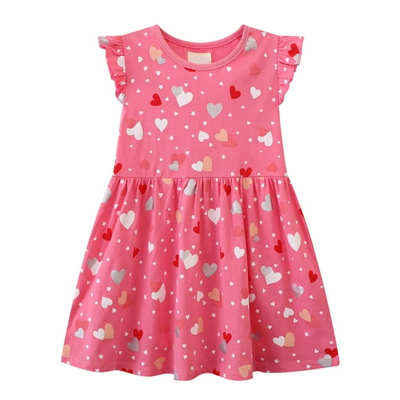 Robe pour Filles Tout-Petits Bébé Filles Été Imprimés Cœur Manches à Volants Respirante Douce Robe Décontractée Robes Bébé Rose 4 Ans-5 Ans
