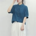thumbnail image 4 of Uaswgudfs ​Casual Women Blouses: Summer Tops with Mandarin Collar, Button Placket & Elastic Cuffs in Trendy Lightweight Cotton, 4 of 5