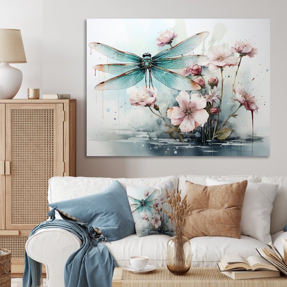 Designart "Flying Dragonfly Amid Green and Pink Flowers by the Pond" Animals Wall Art - Modern Green Insects & Bugs Bedroom Canvas Wall Art