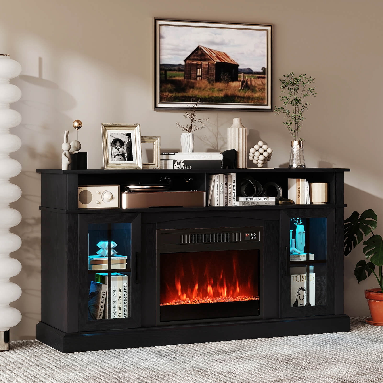 Costway 58" Fireplace TV Stand with LED Lights Entertainment Center for 65 Inch TV Black