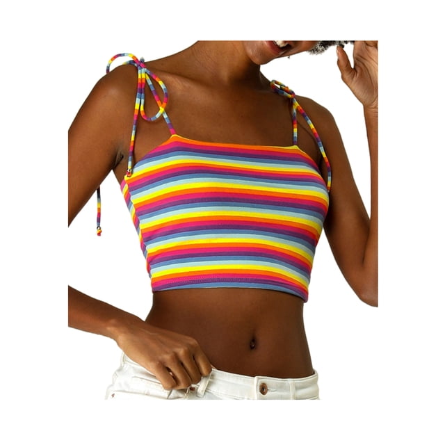 INSPIRE CHIC Camisole Tube d'Été à Bretelles Spaghetti à Nouer à Rayures Arc-en-Ciel pour Femmes