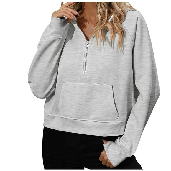 Yuyuzo Womens Cropped Sweatshirts 1/2 Zipper V Neck Hooded Long Sleeve Solid Color Pullover Hoodies Sweatshirt