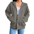 thumbnail image 3 of Women's Solid Color Zip Up Hooded Sweatshirt, Oversized Loose Fit with Drawstring Hood and Pockets, Thick Warm Material for Fall Winter Fashion, Casual Jackets for Streetwear, Daily Wear Grey M, 3 of 8