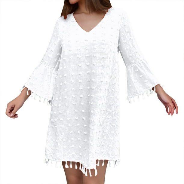 Vestido mini de verano de gasa con cuello en V y manga corta para mujer - Vestido informal ligero y fluido para mujer - S-XXL