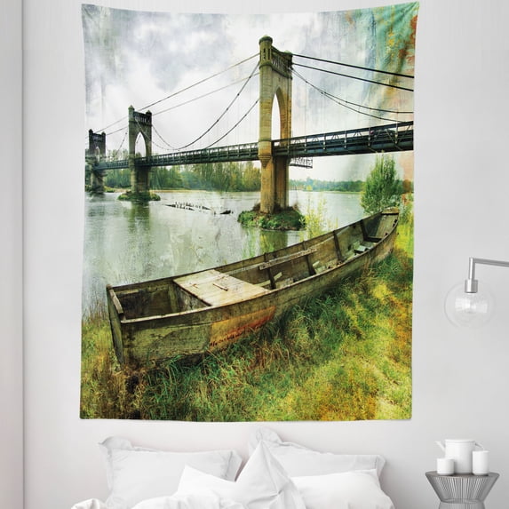 Vintage Tapestry, Bridge and Old Boat on Riverside Distressed Paint Style Nostalgic City Picture, Fabric Wall Hanging Decor for Bedroom Living Room Dorm, 5 Sizes, Green Grey, by Ambesonne