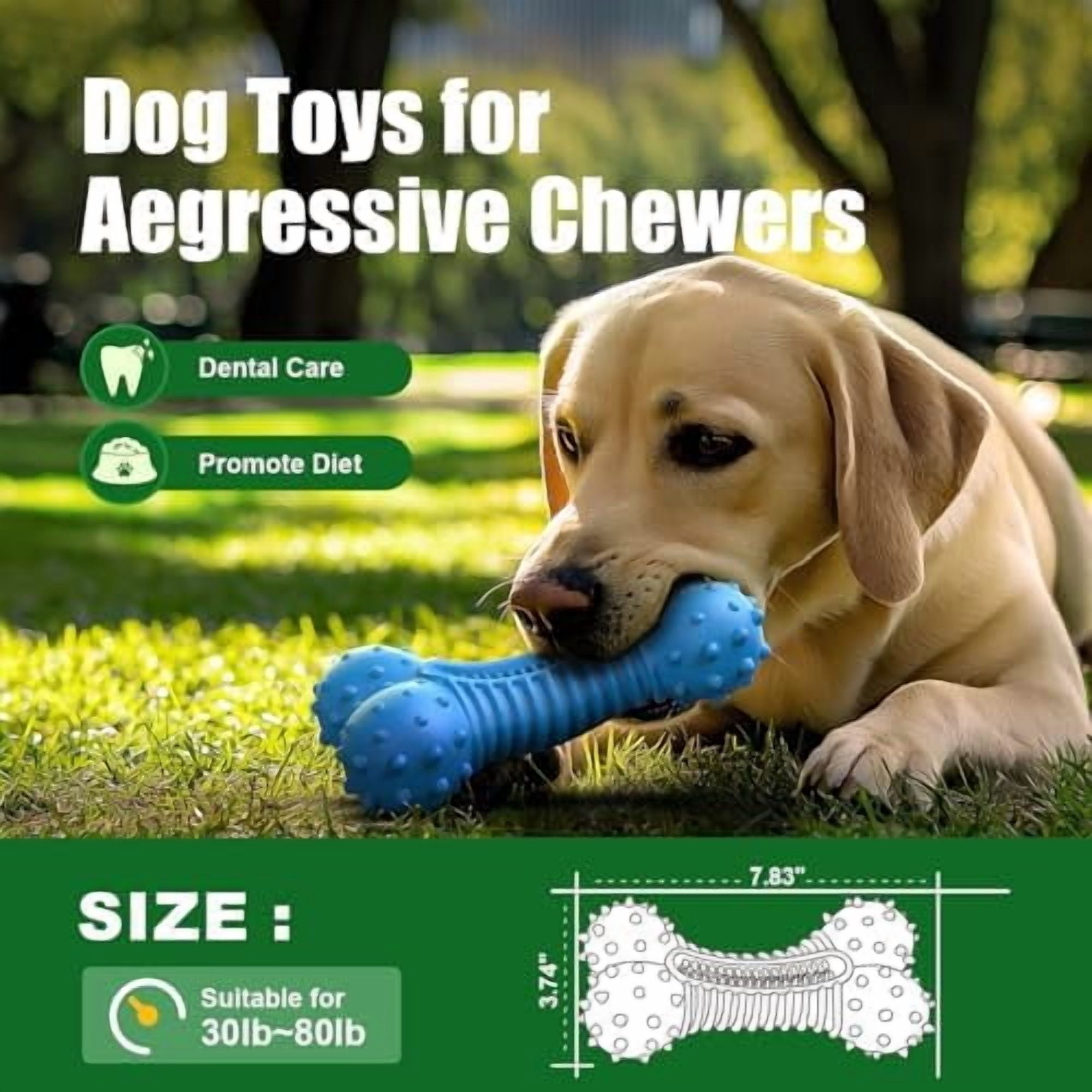 Dog Toys for Aggressive Chewers, Chew Toys for Medium Large Dogs, Durable Natural Rubber Toys with Bacon Flavor, Indestructible Dog Toy,Blue
