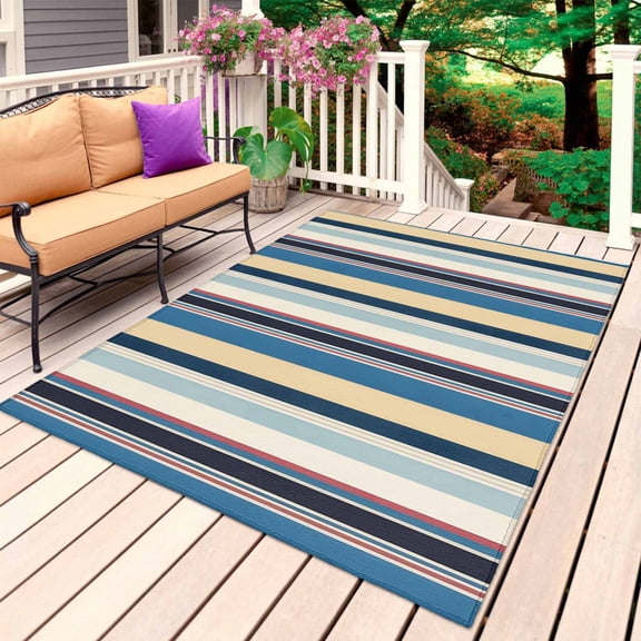Blue Yellow Red Striped Outdoor Rug for Patio/Deck/Porch, Non-Slip Large Area Rug 4 x 6 Ft, Modern Stripes Art Farmhouse Indoor Outdoor Rugs Washable Area Rugs, Reversible Camping Rug Carpet Runner