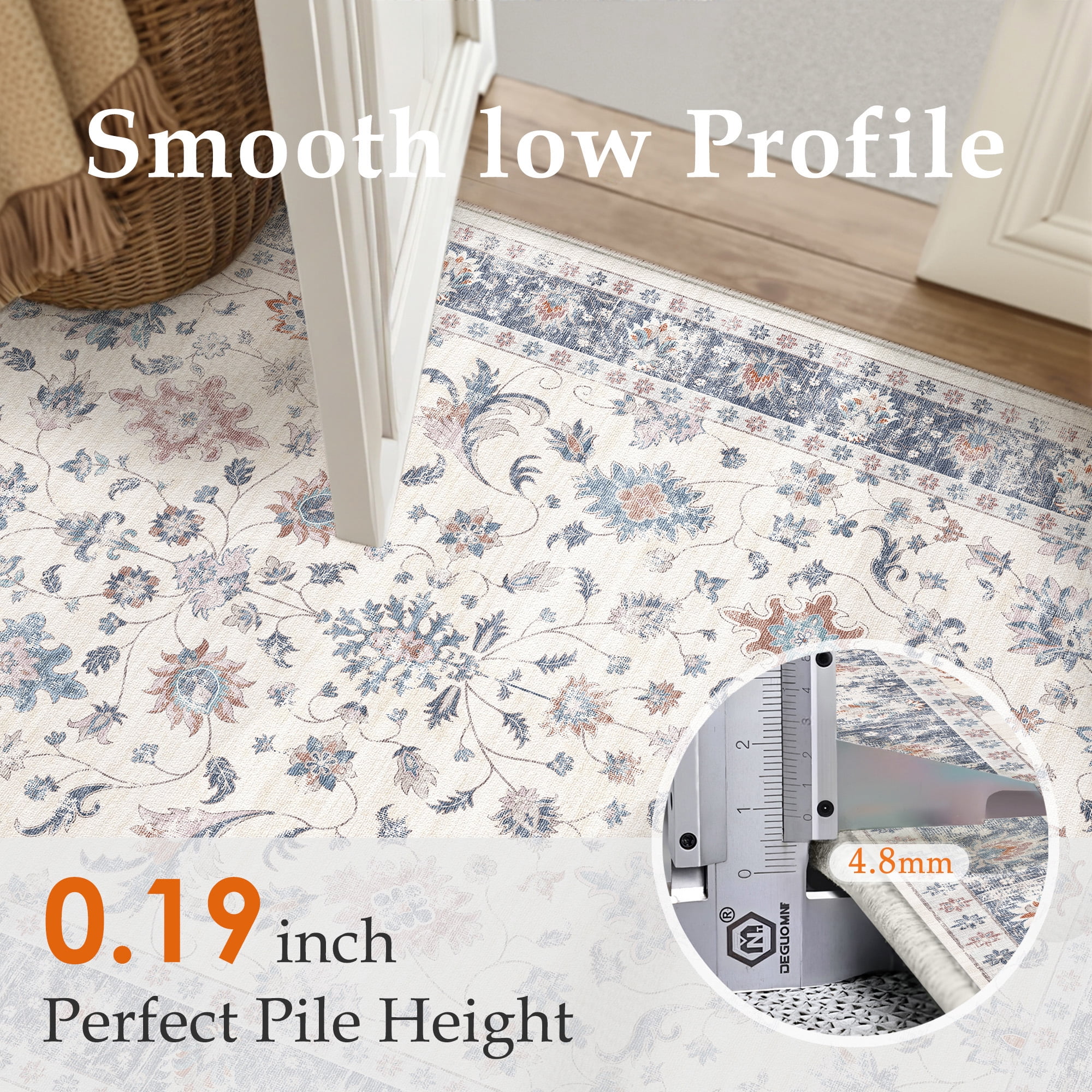 BERTHMEER 6'x9' Area Rugs for Living Room Bedroom Dining Room Farmhouse Oriental Vintage Floral Machine Washable Non-slip Rugs Carpets,Blue White