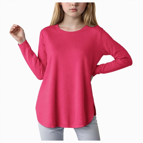 Linfrsh Girls Long Sleeve Shirts Kids Crewneck Soft Tunic Tops Curve Hem Side Slit T-Shirts 5-14 Years,Hot Pink,10-11 Years