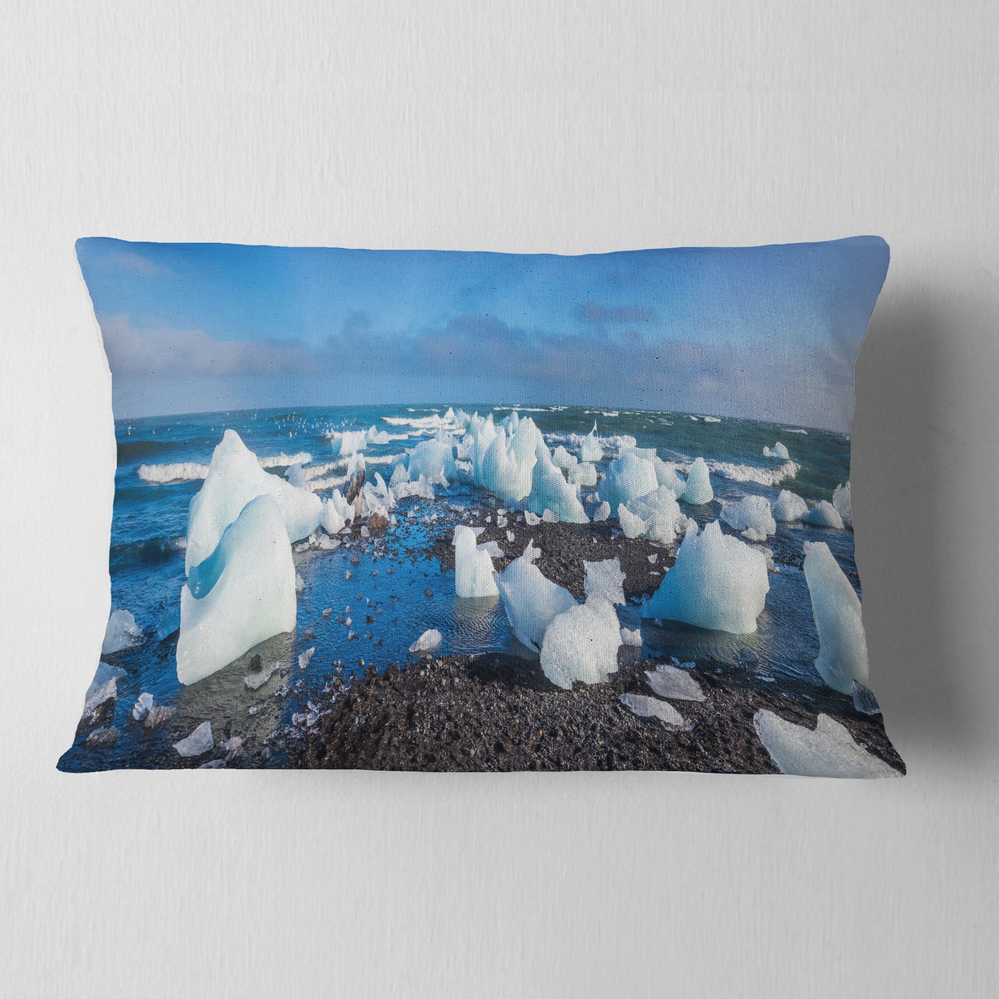 Designart Ice Blocks on Sand Beach - Seashore Photo Throw Pillow - 12x20