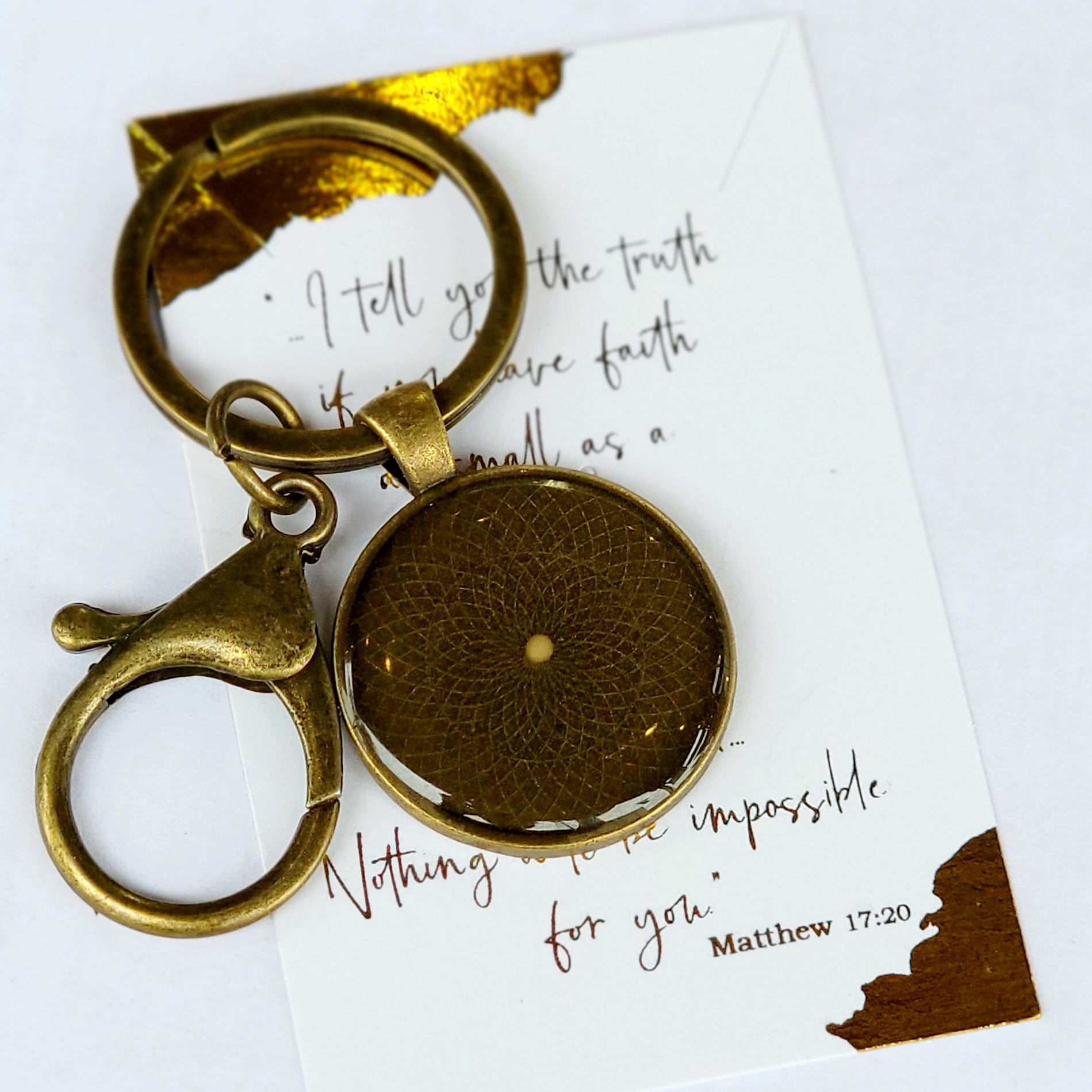 Mustard seed keychain,large 25mm hand made bronze bezel, gift wrapped with scripture card