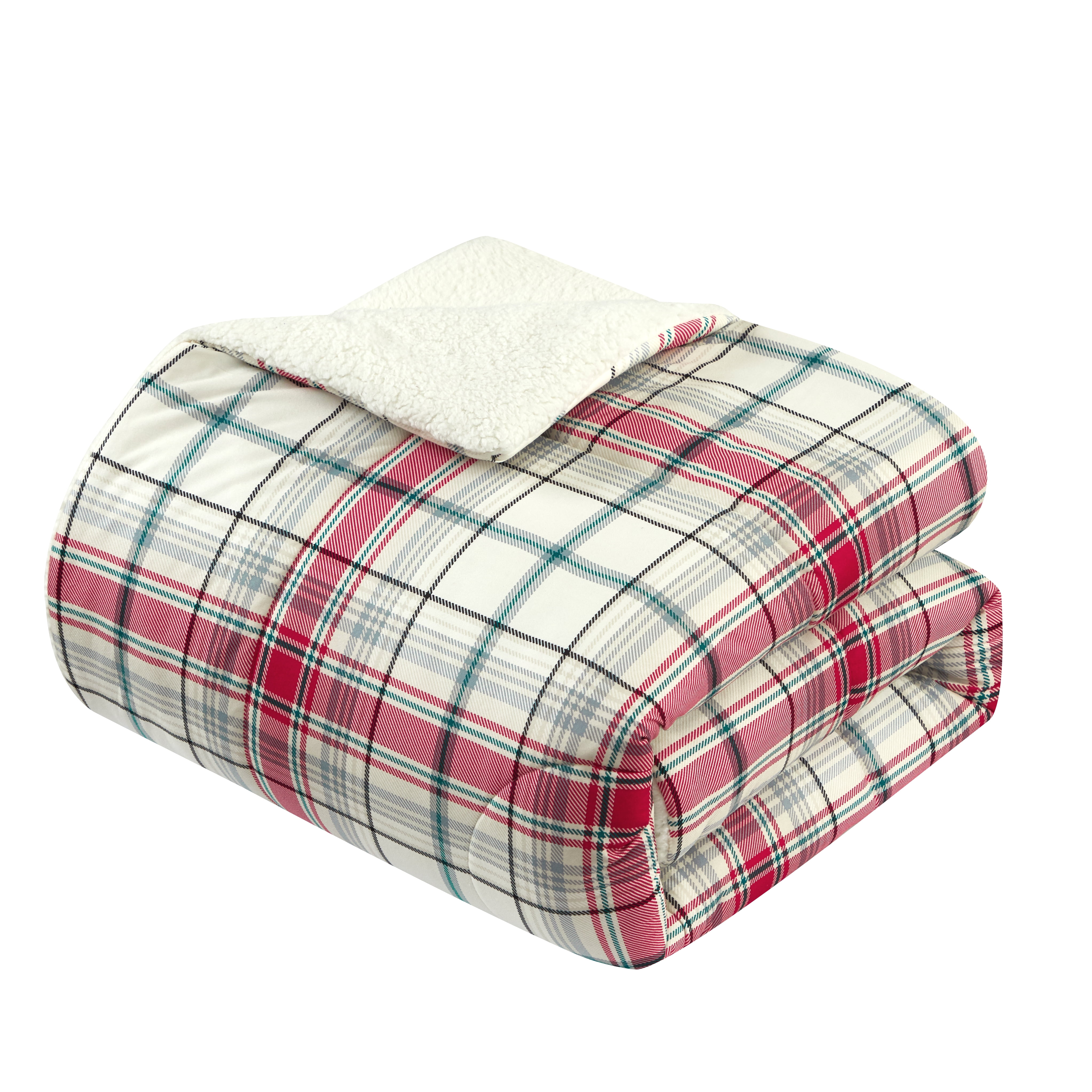 Mainstays Cozy Flannel Reverse to Super Soft Sherpa 3 Piece Comforter Set, King, Red and Green Plaid
