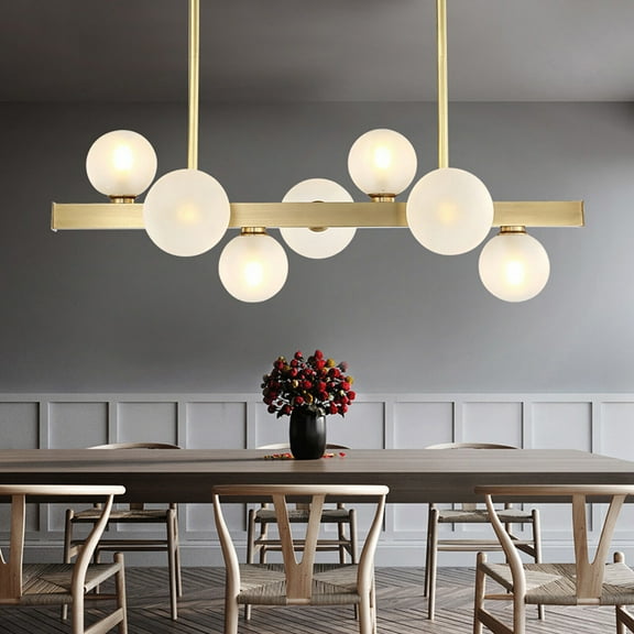 Modern Linear Ceiling Pendant Lighting 7-Light Glass Globe Adjustable Chandelier Light Mid-Century Golden Glass Shade Ceiling Hanging Light Fixture