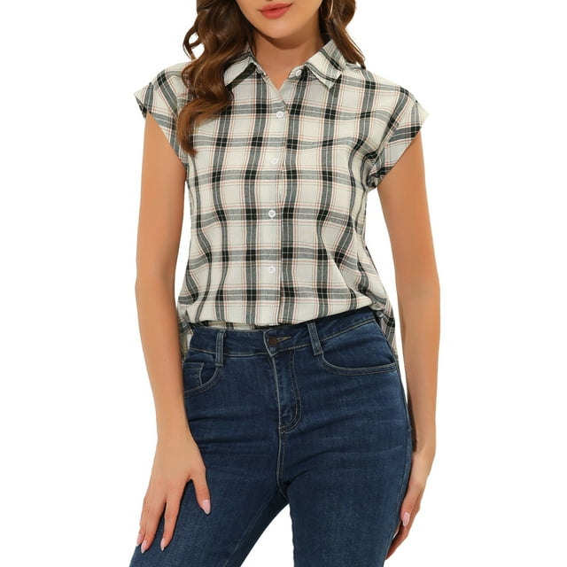 INSPIRE CHIC Chemise à Carreaux pour Femme à Col Pointu, Manches Courtes à Revers, Boutonnée, Blanche, TP
