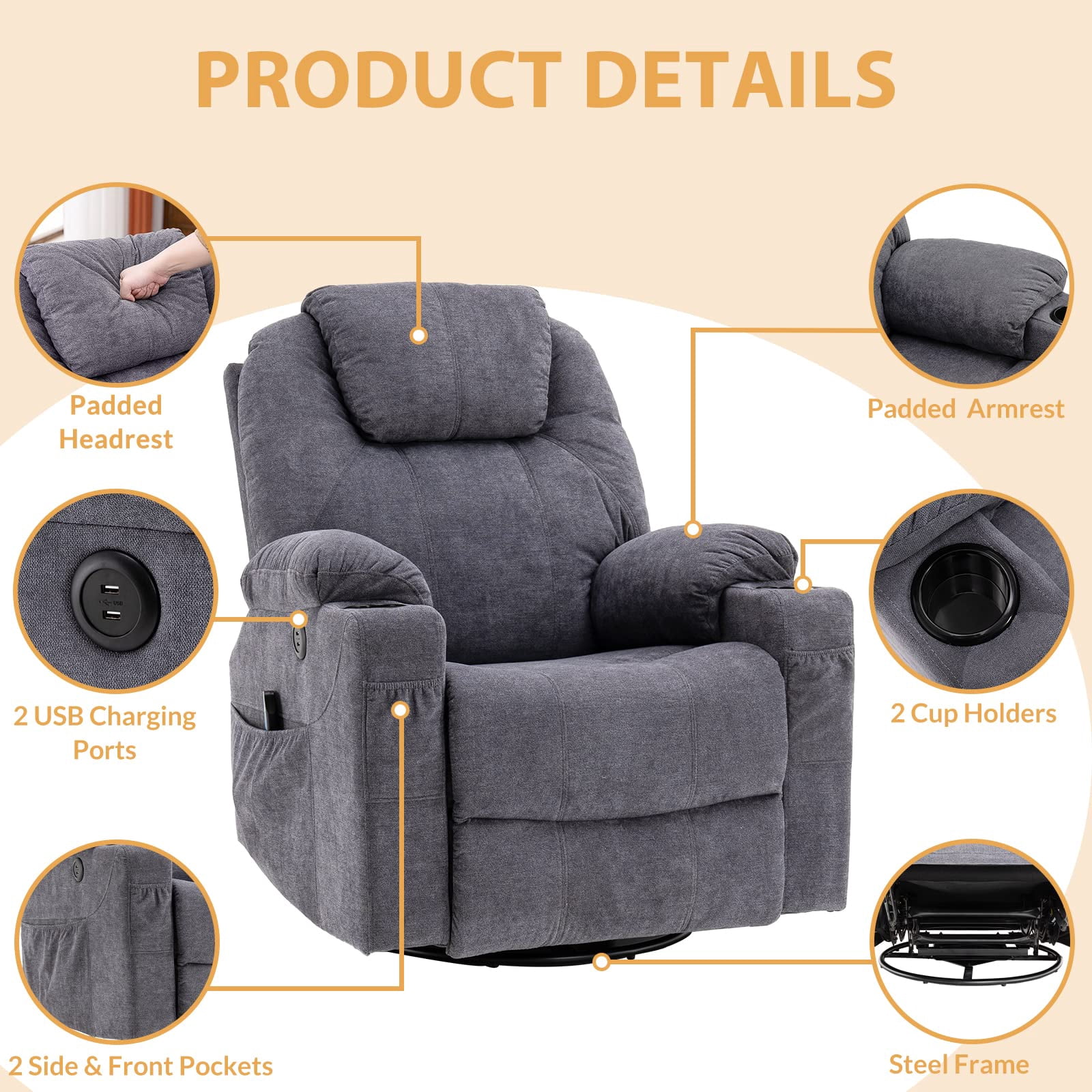 W WARMHOL Swivel Rocker Recliner Chair - Manual Glider Rocking Recliner Chair with Heated Massage Ergonomic Lounge Reclining Chair with Cup Holders/4 Pockets/Remote Control/USB Ports (Gray)