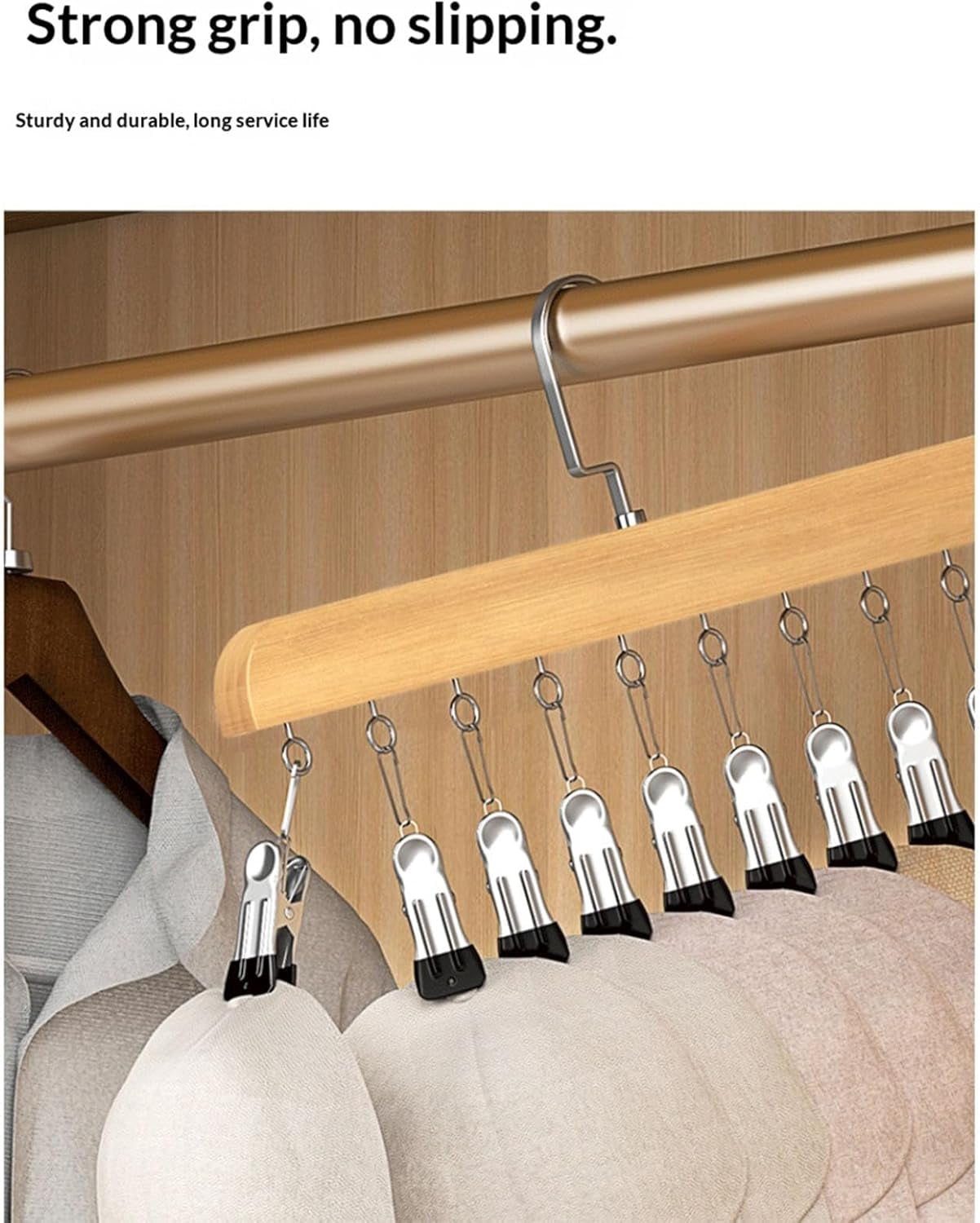 Closet Organizer with 10 Clips, Wooden Pants Hangers with 360° Rotating Hook, Space-Saving Hat Scarf Clothespins for Jeans Skirts Socks
