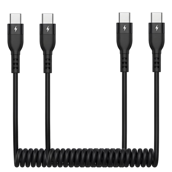 ROFAY 3' Coiled USB C to USB C Cable, Black, 2 Count, 2 Pack