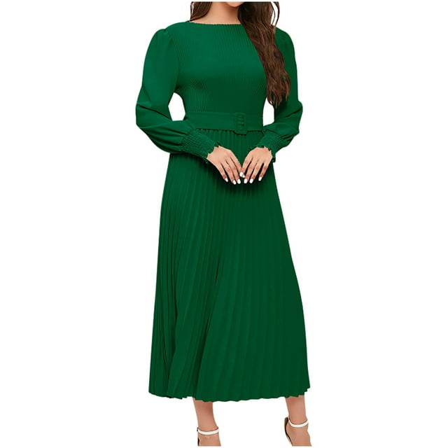 Yuyuzo Women Formal Maxi Dress Long Sleeve Crew Neck Ruched Ruffle Flowy Solid Color Cocktail Dresses with Belt